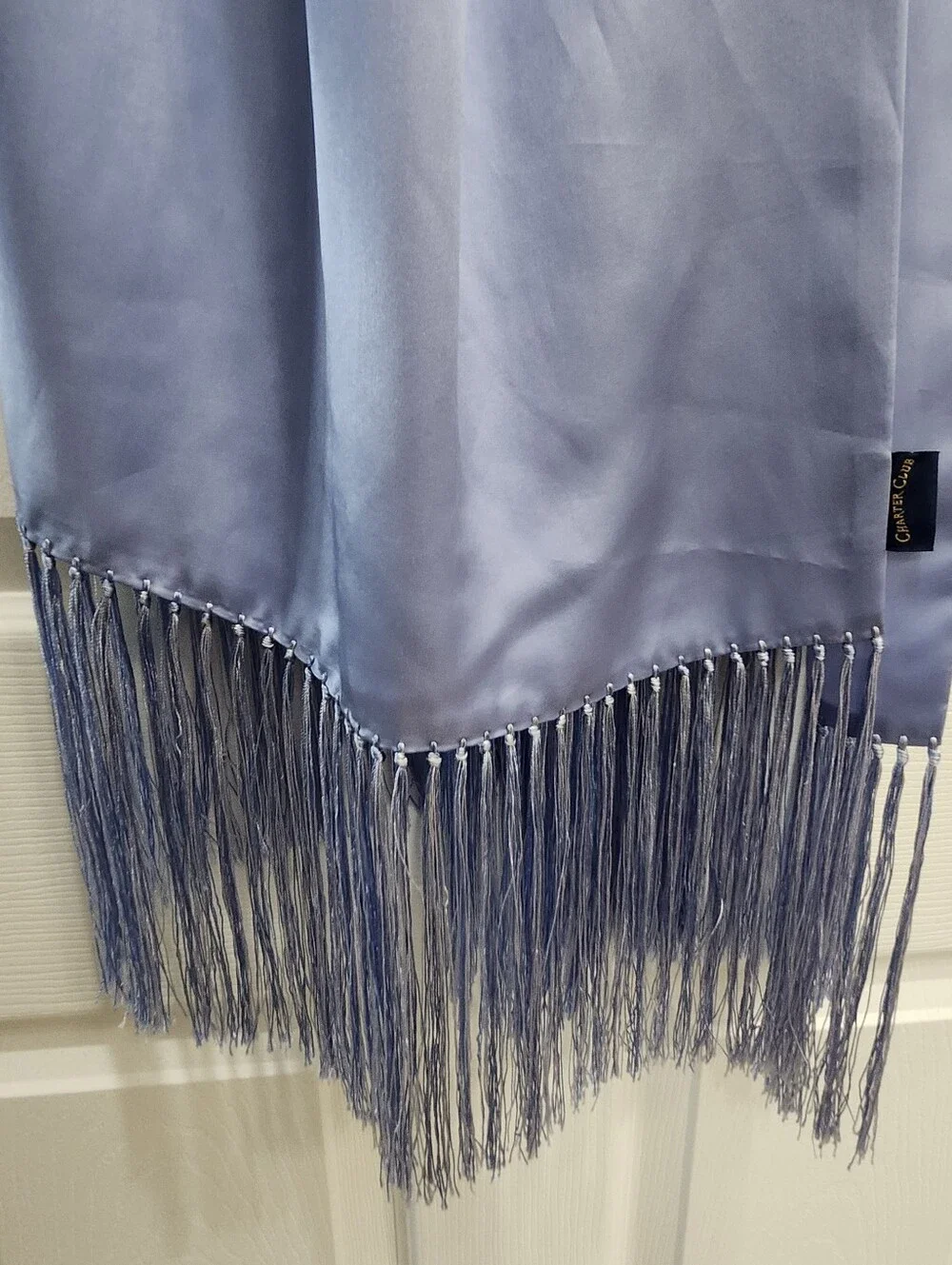 Carter Club 100% Silk Wrap Shawl Blue Reversible Fringed 70”x 21” Luxury Evening